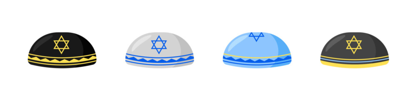 Jewish traditional kippah caps template. Religious round caps with star for holiday prayers and synagogue services with colorful vector design
