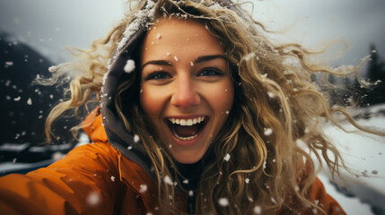 Portrait of young person winter day.Lifestyle happiness emotions nature on background. - obrazy, fototapety, plakaty