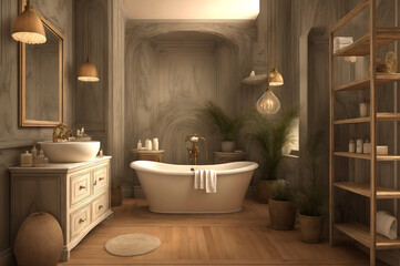 Interior design of modern bathroom with bath tub grid window. generative AI