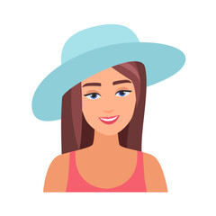 Happy girl on beach with sun protective hat. Spf protection cream, uv sunscreen flat vector illustration