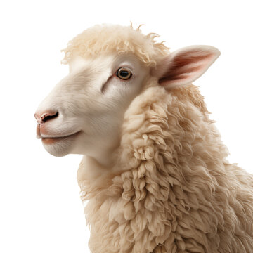 white sheep close up profile on isolated white background.