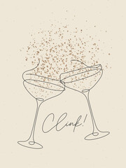 Clink glass of champagne with splash drawing in pen line style on beige background