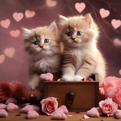 Two cute ginger fluffy kittens with hearts on the background. 