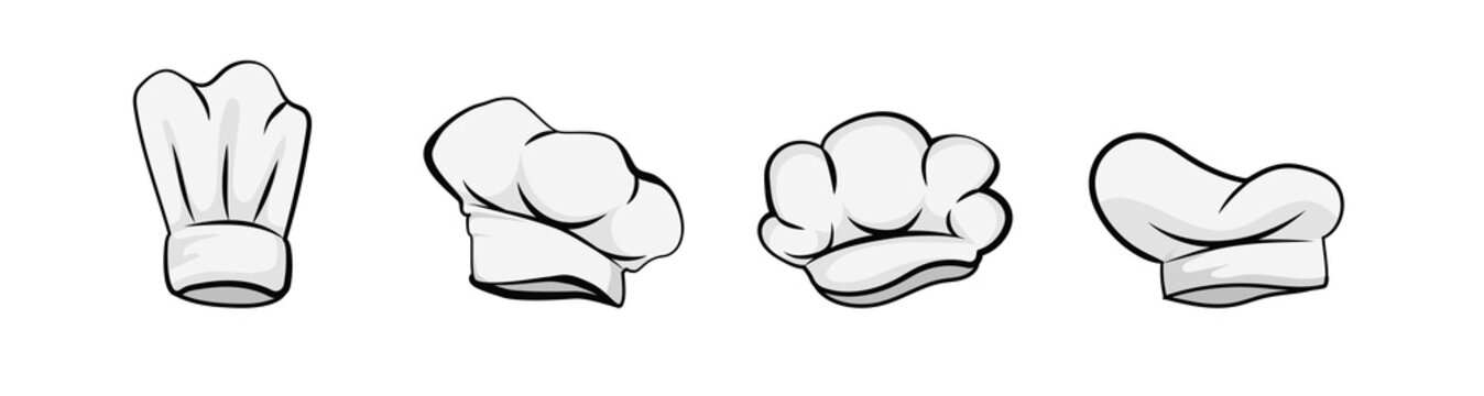 Chefs hats set. Culinary chef headwear for food preparation and cooking with professional folds and trendy vector gourmet design