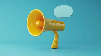 Yellow 3d megaphone on blue background with idea clouds