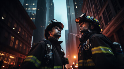 Fireman wearing his uniform with a fire extinguisher on a street