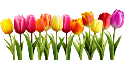 row of colorful tulip flowers, png file of isolated cutout object on transparent background png