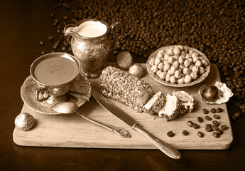 Sweets on the background of coffee on the table