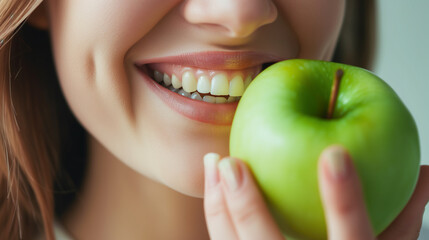 A girl with a beautiful smile and a dimple on her cheek is about to eat a big green apple. Close-up. Diet, sports, dental ads 