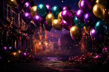 Fototapeta na wymiar Mardi Gras balloons and sparkles