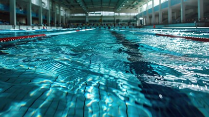 Obraz premium A sparkling pool with paths ready for swimmers. Created with Generative Ai technology.