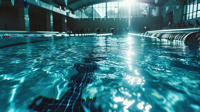 A sparkling pool with paths ready for swimmers. Created with Generative Ai technology.