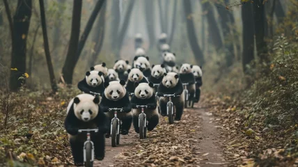 Foto op Plexiglas Playful pandas happily ride their bikes along the forest path. Fitness for animals © Anna