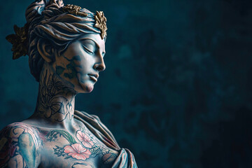 Classical greek goddess sculpture with modern hand drawn colorful tattoos. Heavily tattooed classic statue, modern art concept, tattoo shop promotion idea, copy space for text. - obrazy, fototapety, plakaty