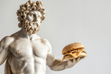 Ancient Greek god sculpture holding a burger. Fit man marble statue offers a cheeseburger. Fast food, overeating, bad diet, unhealthy eating habits concept, copy space. Restaurant menu mockup