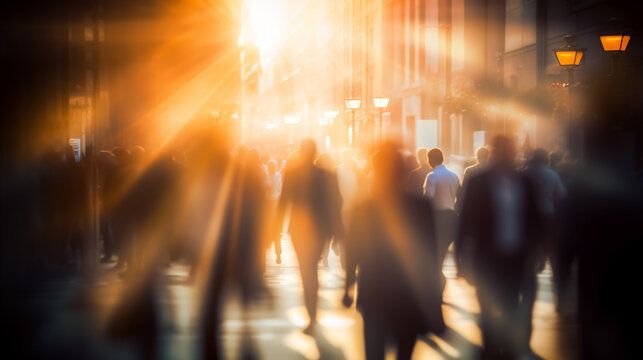 Business and office workers going to work in a fast blur during morning rush hour