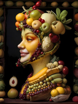 a human profile composed of fruit in Giuseppe Arcimboldo style, concept you are what you eat