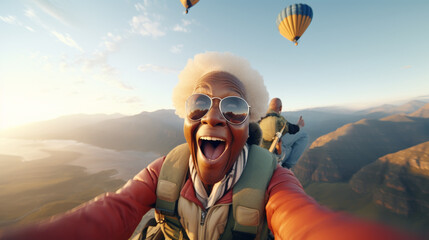 senior woman flying down during skydiving jump aged skydiver floating in air with parachute freefall active old age - obrazy, fototapety, plakaty