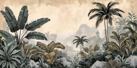 Old retro wallpaper of a lush jungle landscape. - obrazy, fototapety, plakaty