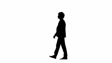 Side view male model in studio isolated on white background with alpha channel. Silhouette of businessman in suit walking.