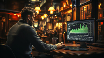 Crypto trader investor analyst looking at computer screen analyzing financial graph data on pc monitor
