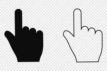 Black and white hand pointer cursors. Digital for selecting online actions and turning on computer vector programs.