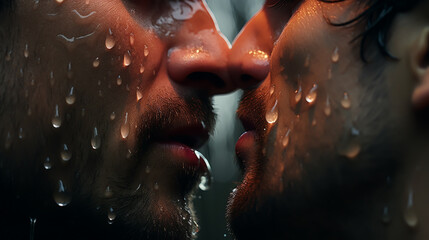 LGBT couple kiss lips. Passion and sensual touch. Closeup of mouths kissing. Two lgbtq in love. Lip care and beauty. - obrazy, fototapety, plakaty