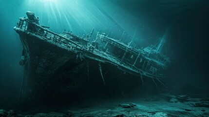 destroyed old ship under the sea in the depths with sand - obrazy, fototapety, plakaty