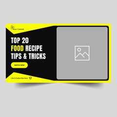 Fully editable food recipe tips and tricks vector video thumbnail banner design, food review video cover banner design, vector eps 10 file format