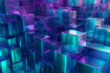 Abstract glass pieces in vibrant turquoise and purple hues form a glossy futuristic wallpaper. Generative AI