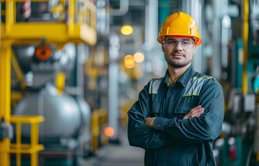 Portrait of Industry maintenance engineer man wearing uniform and safety hard hat on factory station. Industry, Engineer, construction concept.