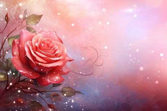 Pink rose on colorful background. Love and romantic theme