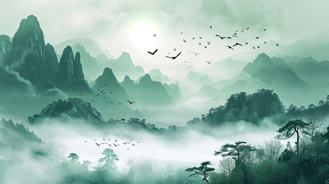 Wallpaper of a jungle and mountain landscape in waterpainting and retro style.