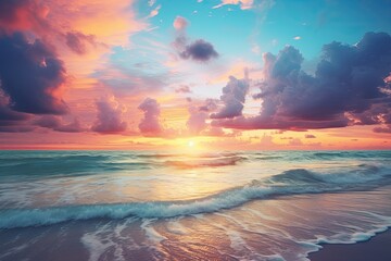 sunset over a beach with clouds - obrazy, fototapety, plakaty