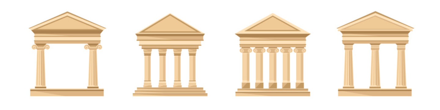 Antique greek temples set. Roman parthenon with classical architecture and stone columns made in marble vector design