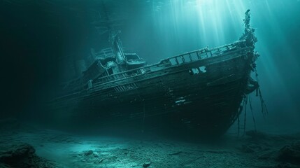 destroyed old ship under the sea in the depths with sand and good blue lighting above the ground - obrazy, fototapety, plakaty