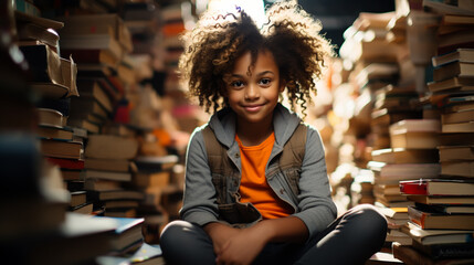 Happy smart kid sitting between two piles of books. Reading a book - obrazy, fototapety, plakaty
