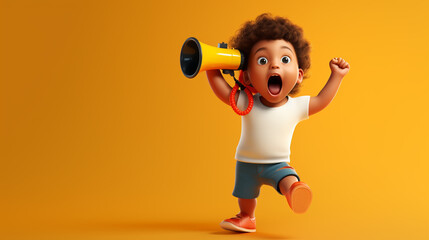 Kid shouting by megaphone over color background - obrazy, fototapety, plakaty