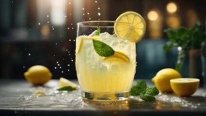 fresh lemon juice with mint and ice, healthy drink