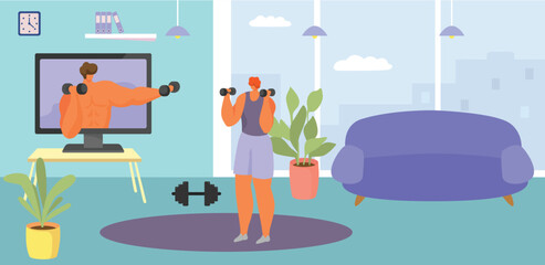 Woman exercising at home with dumbbells, following online fitness program. Indoor workout routine and healthy lifestyle concept vector illustration.