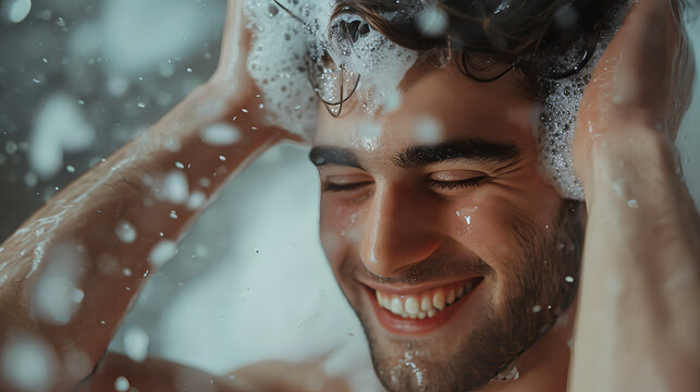 portrait of a man washing his hair