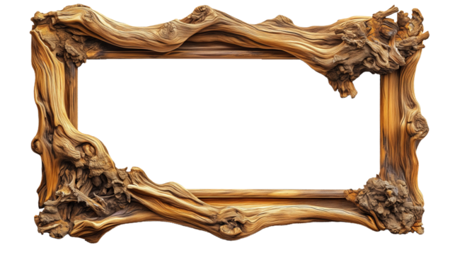Old wooden frame made of drift wood isolated on transparent background, png style. Mockup template for artwork design.