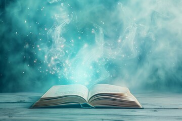 A book with a magical energy emitting from the book, pastel blue background