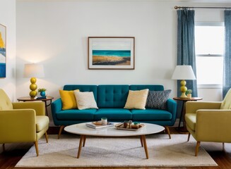 Fototapeta premium Chic Living Space Enhanced by Mid-Century Modern Furnishings and Retro Design Accents