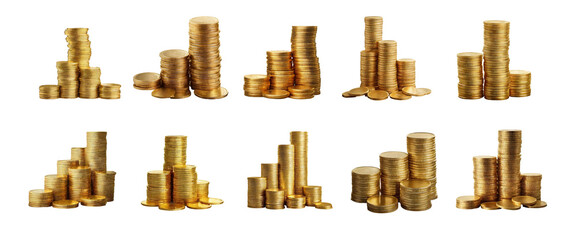 Stacks of generic golden coins isolated on transparent background.