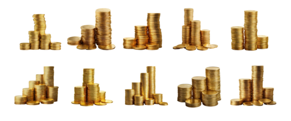 Stacks of generic golden coins isolated on transparent background.