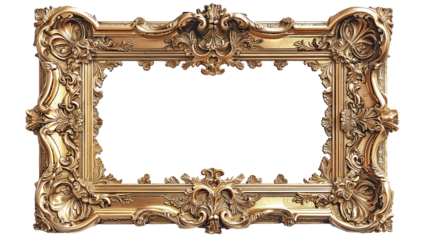 Rectangular landscape golden baroque frame made of gold isolated on transparent background, png style. Mockup template for artwork design.