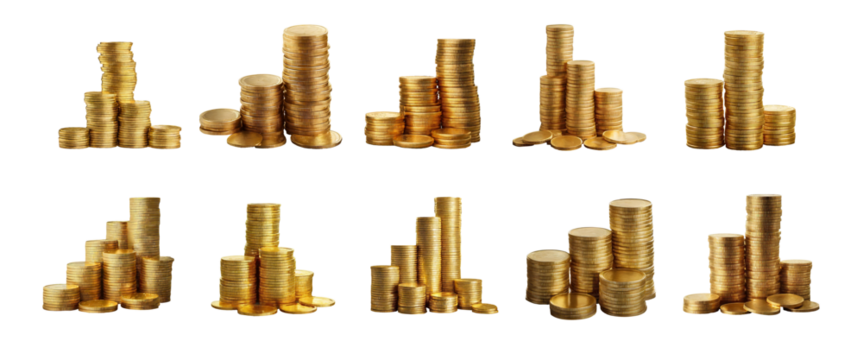 Stacks of generic golden coins isolated on transparent background.