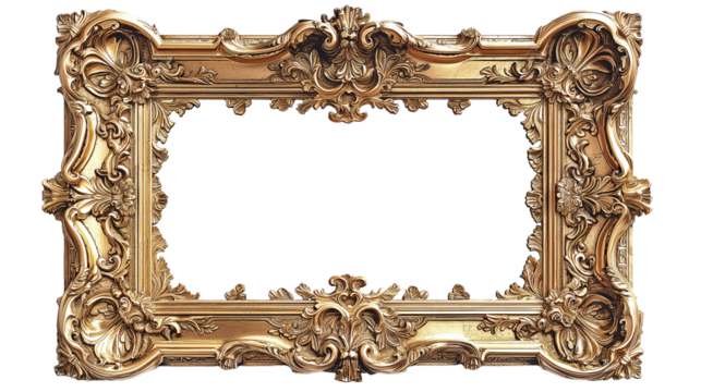 Rectangular landscape golden baroque frame made of gold isolated on transparent background, png style. Mockup template for artwork design.