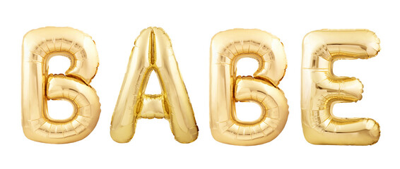 BABE word made of golden inflatable party balloons isolated on white background. BABE slang concept